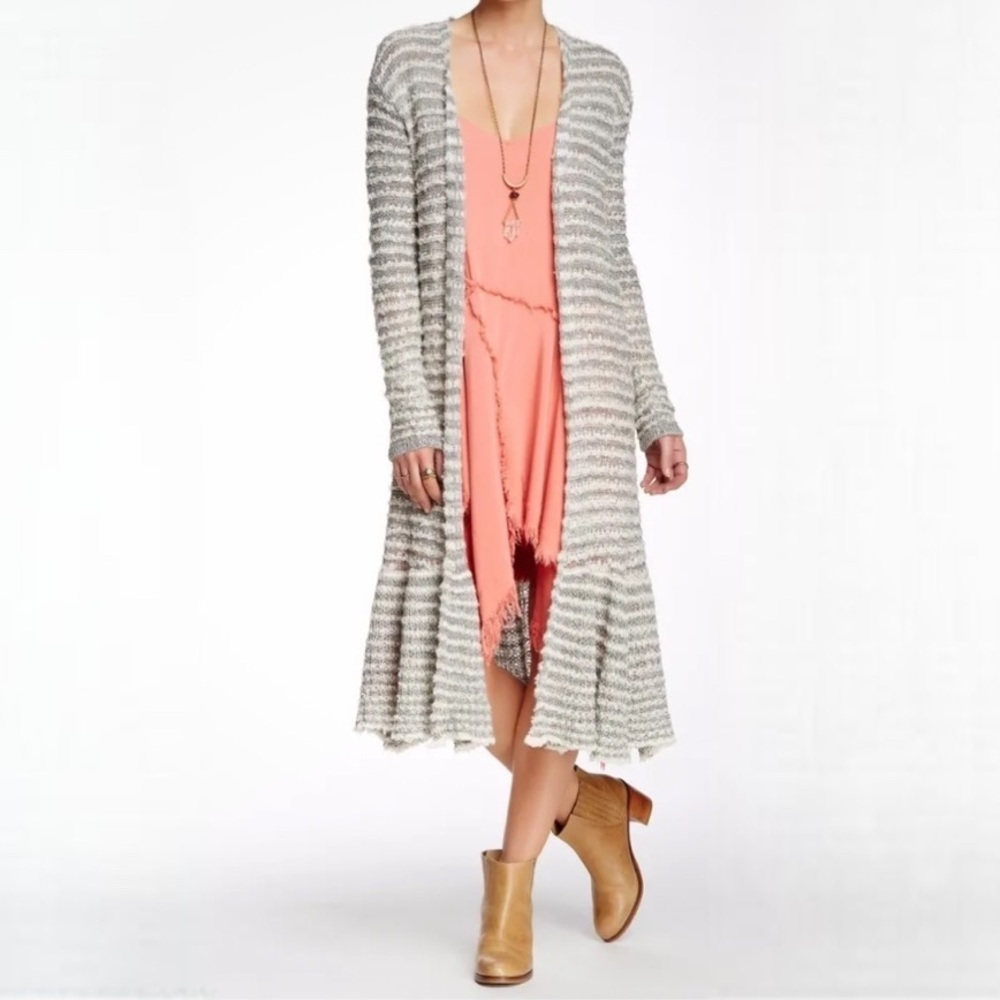 Free People | Gray Stripe Smile Like You Mean It Open Duster Cardigan Size XS